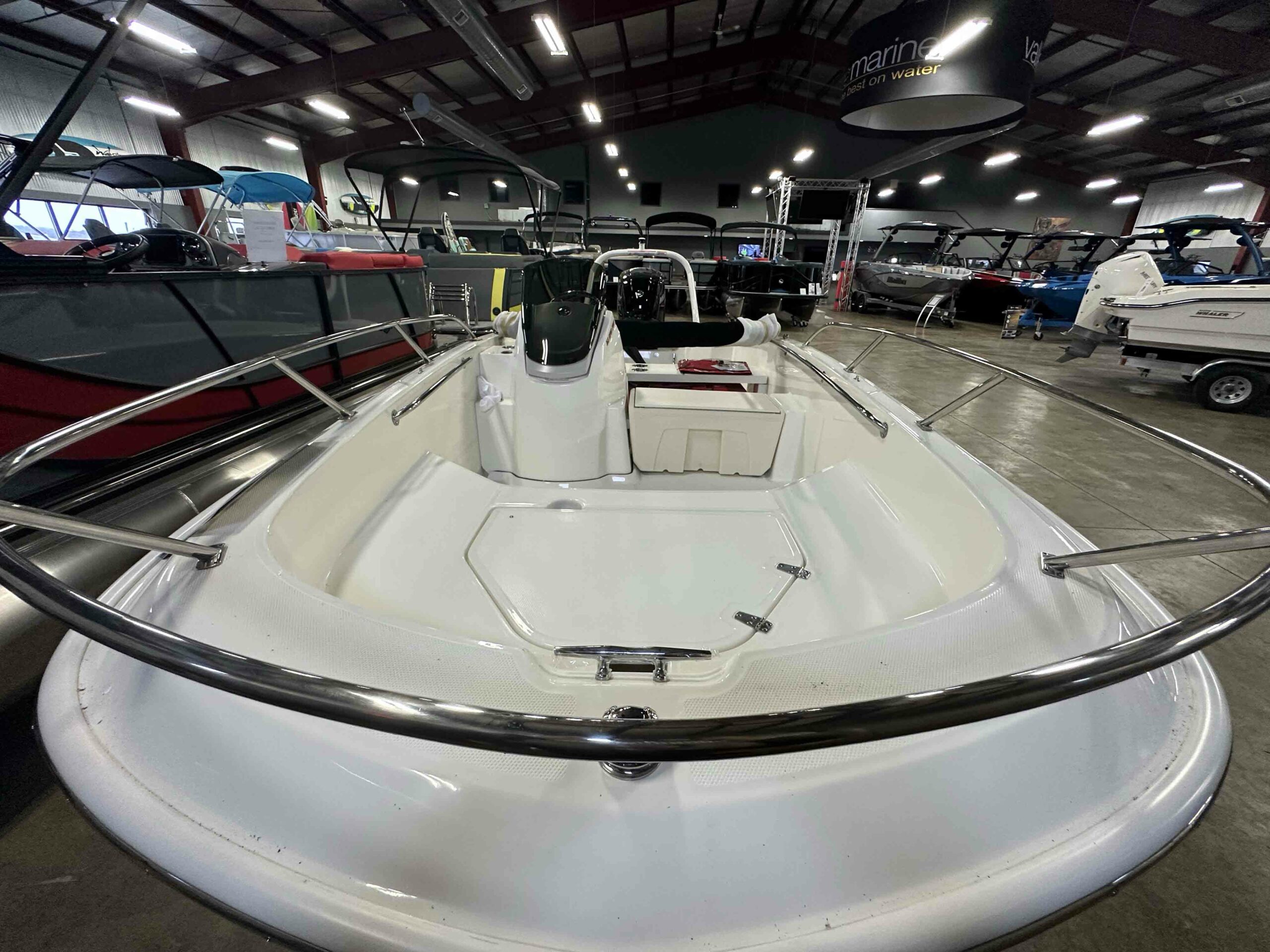 Front of a 2023 Boston Whaler 160 Super Sport.
