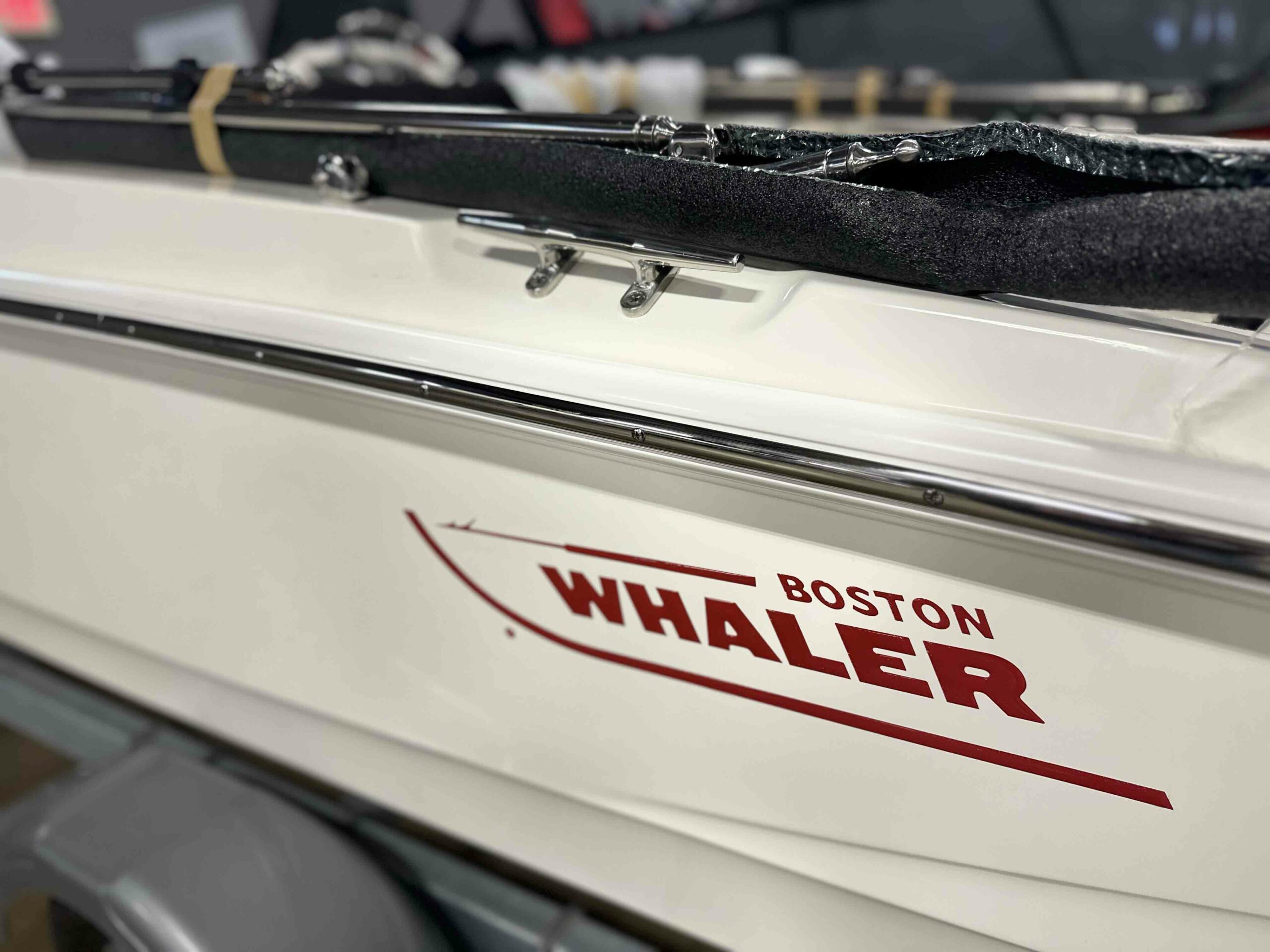 Close up view of the Boston Whaler logo.