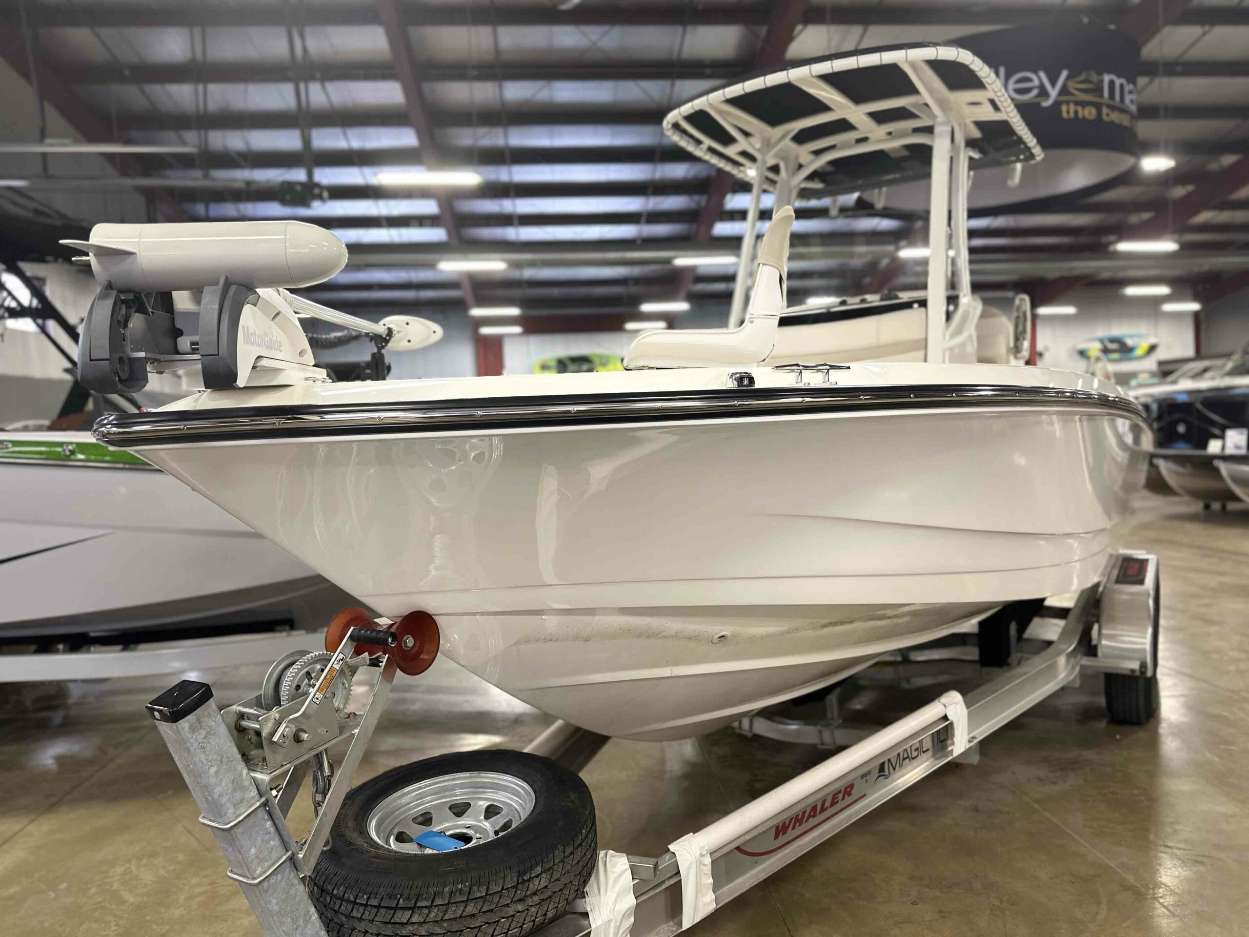 This is the bow of a 2023 Boston Whaler 220 Dauntless.