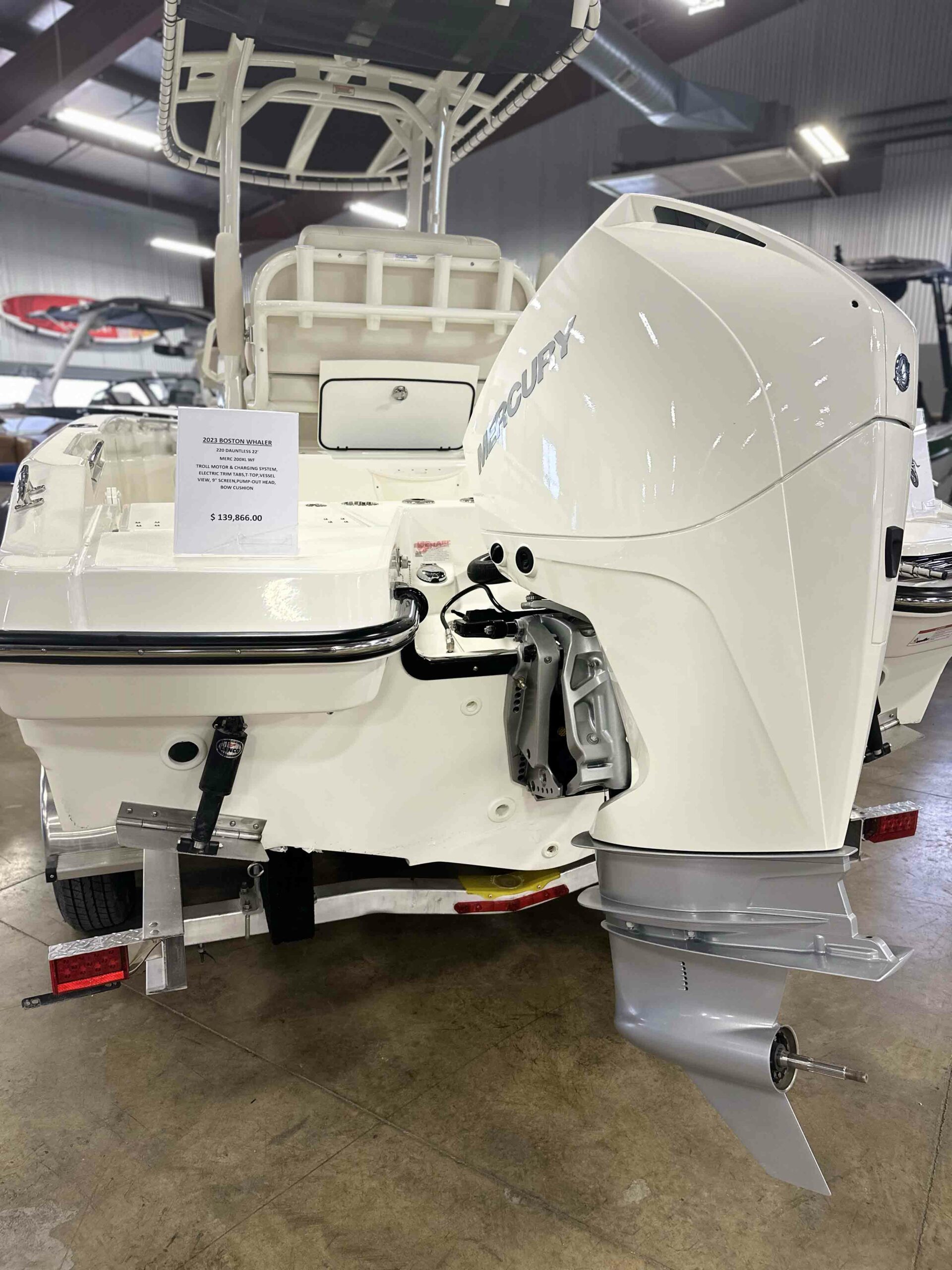 This is the Mercury engine of a 2023 Boston Whaler 220 Dauntless.