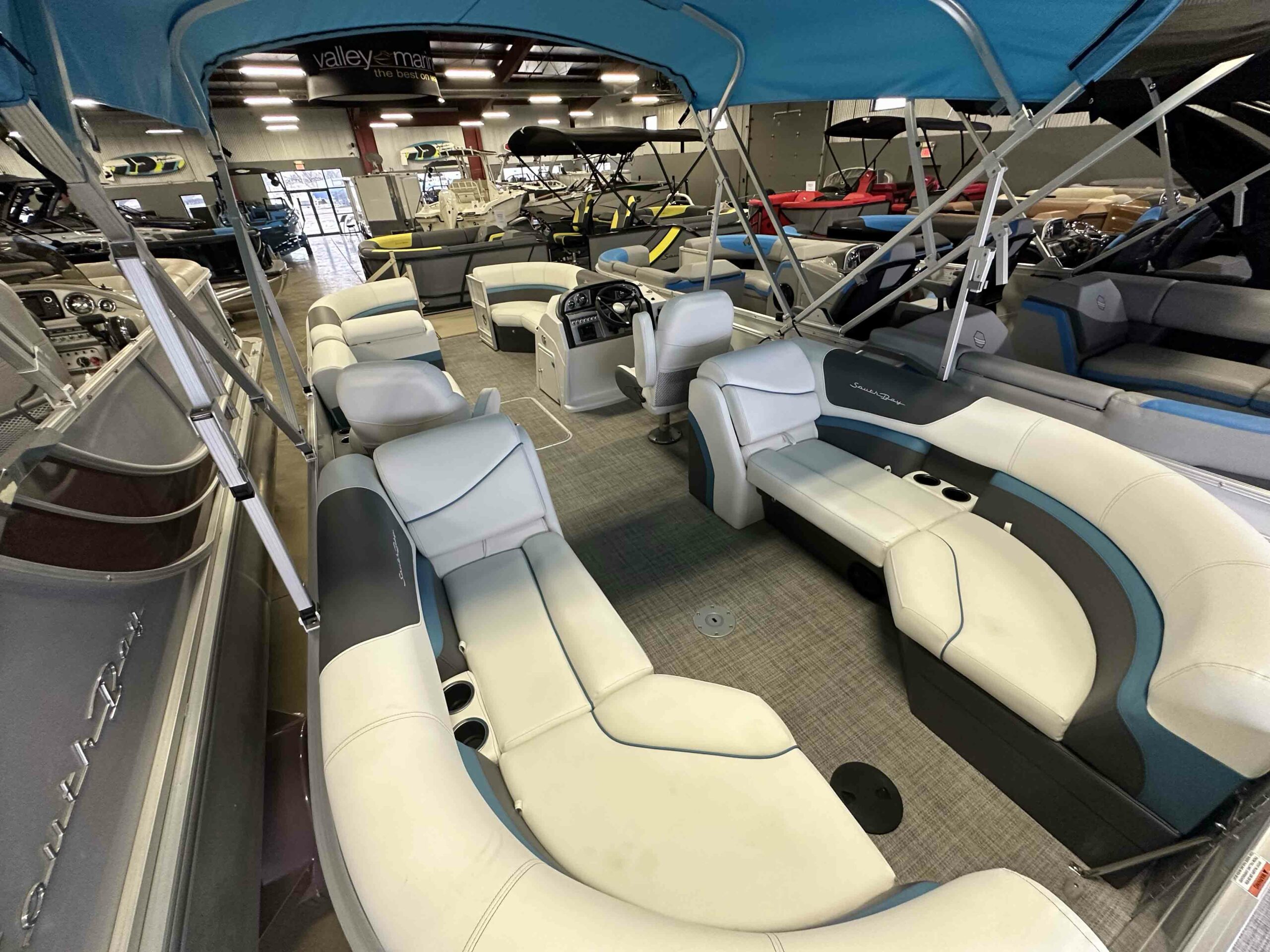 This is the interior of the 2023 South Bay 523 RS White and Blue.